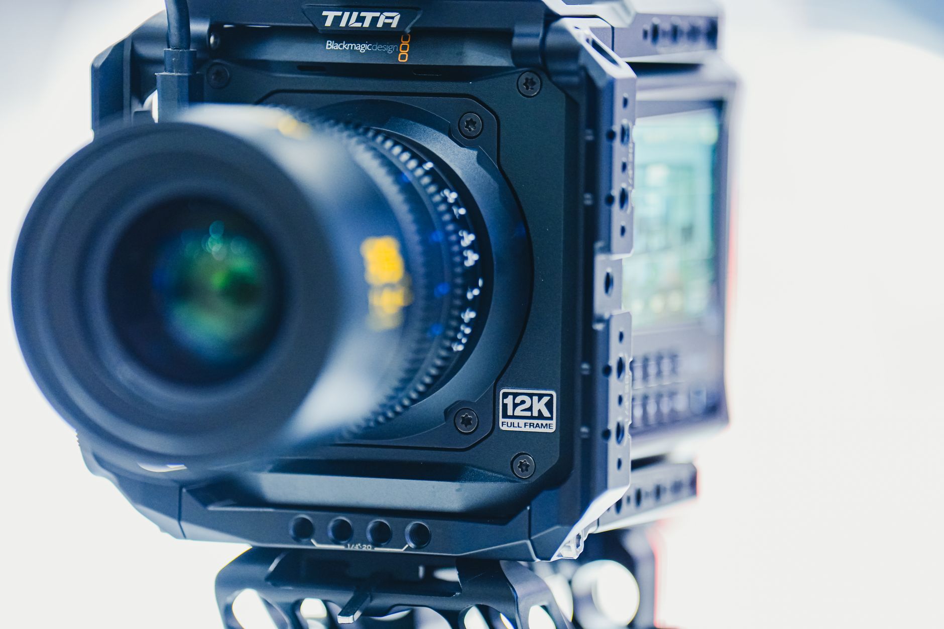 Close-up of a high-end 12K full frame camera used for professional video production.